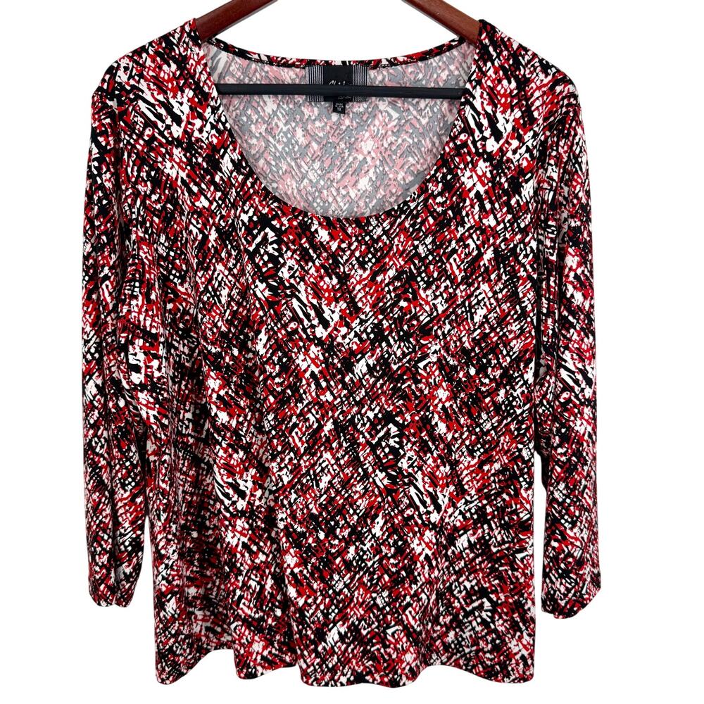 Slinky Brand Plus Size 1X Red Black White Stretchy Blouse Shirt Top Wearable Art